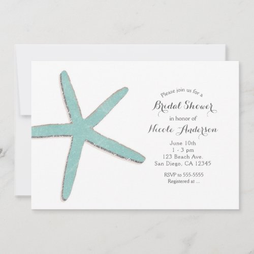 Aqua Teal Blue Starfish White Beach Bridal Shower Invitation