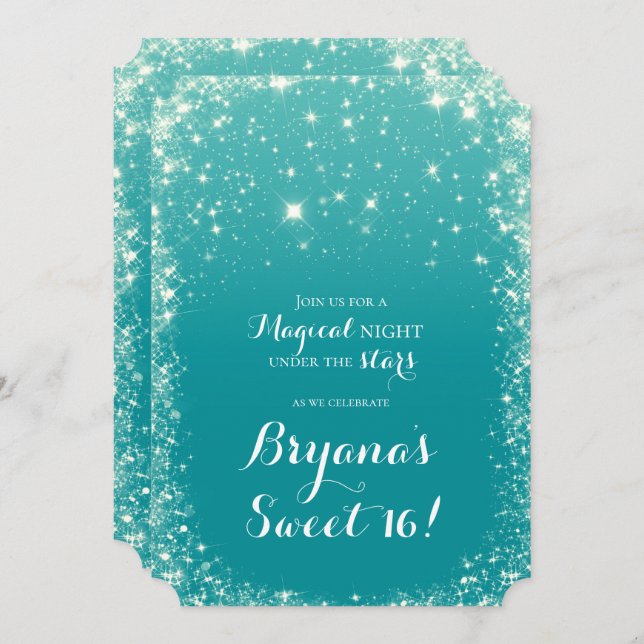 Aqua Teal Blue Starry Night Sky Celestial Sweet 16 Invitation (Front/Back)