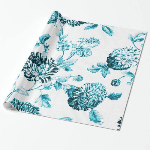 Aqua Teal Blue Vintage Botanical Floral Toile Wrapping Paper