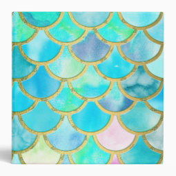 Aqua Teal Blue Watercolor Mermaid Scales Pattern 3 Ring Binder | Zazzle