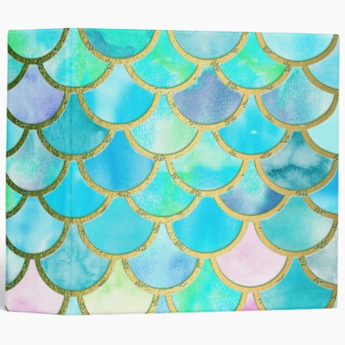 Aqua Teal Blue Watercolor Mermaid Scales Pattern 3 Ring Binder