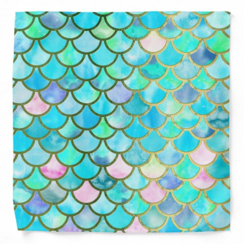 Aqua Teal Blue Watercolor Mermaid Scales Pattern Bandana