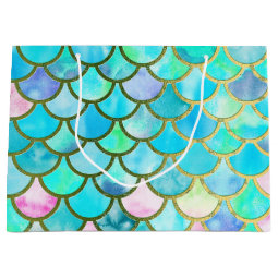Aqua Teal Blue Watercolor Mermaid Scales Pattern Large Gift Bag | Zazzle
