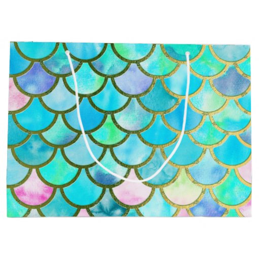 Aqua Teal Blue Watercolor Mermaid Scales Pattern Large Gift Bag | Zazzle