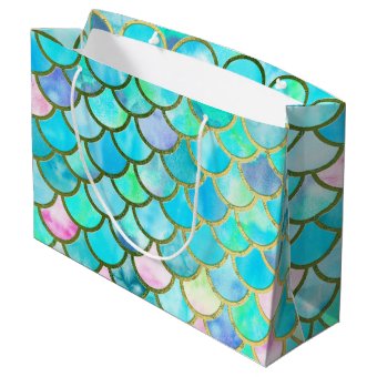 Aqua Teal Blue Watercolor Mermaid Scales Pattern Large Gift Bag | Zazzle