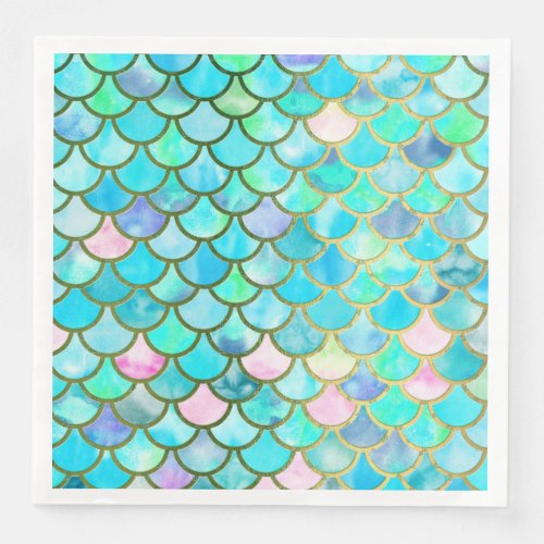 Aqua Teal Blue Watercolor Mermaid Scales Pattern Paper Dinner Napkins