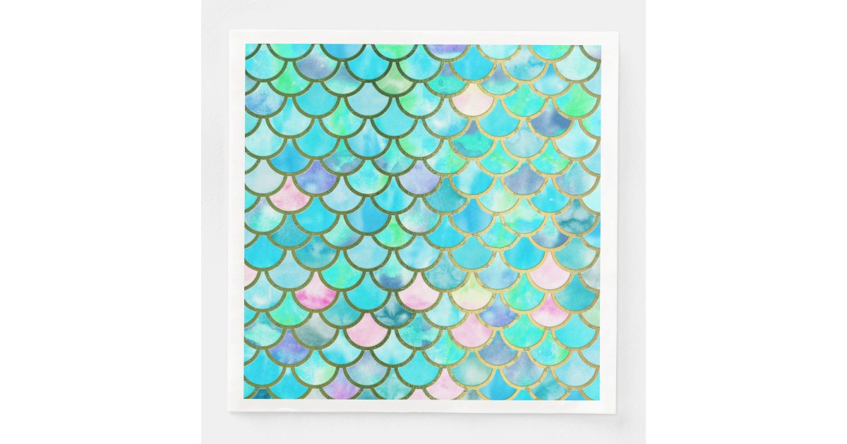 Aqua Teal Blue Watercolor Mermaid Scales Pattern Paper Dinner Napkins ...
