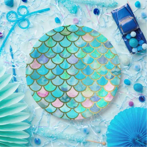 Aqua Teal Blue Watercolor Mermaid Scales Pattern Paper Plates | Zazzle