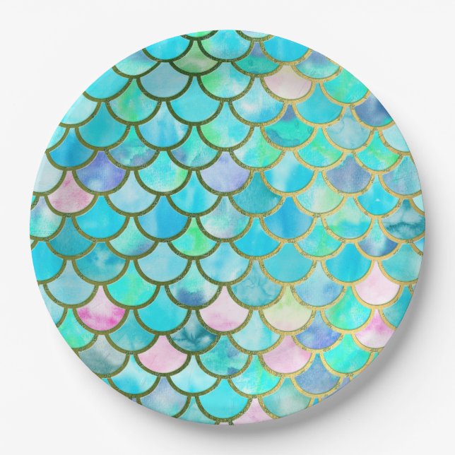 Aqua Teal Blue Watercolor Mermaid Scales Pattern Paper Plates (Front)