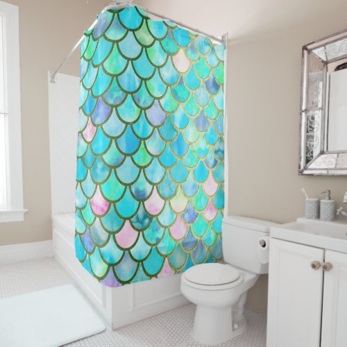 Aqua Teal Blue Watercolor Mermaid Scales Pattern Shower Curtain