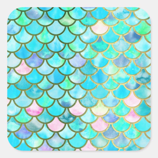 Aqua Teal Blue Watercolor Mermaid Scales Pattern Square Sticker (Front)