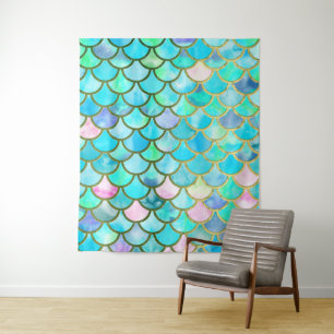 Aqua Teal Blue Watercolor Mermaid Scales Pattern Tapestry