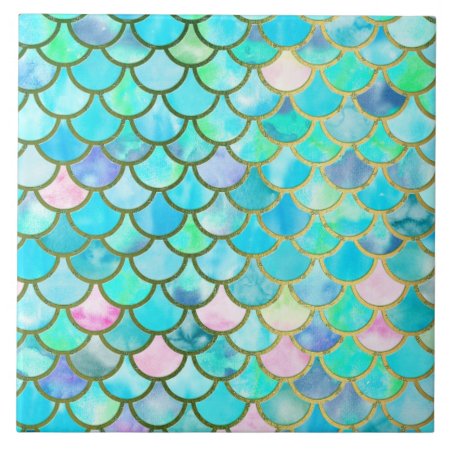 Aqua Teal Blue Watercolor Mermaid Scales Pattern Tile