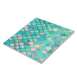 Aqua Teal Blue Watercolor Mermaid Scales Pattern Tile | Zazzle