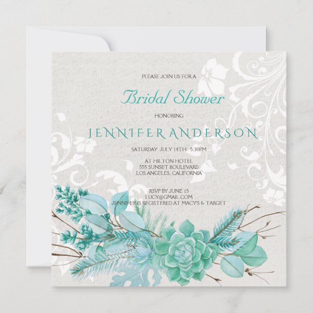 Aqua Teal Blue Watercolor Succulent Bridal Shower Invitation (Front)