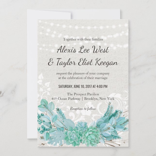 Aqua Teal Blue Watercolor Succulent Wedding Invite (Front)