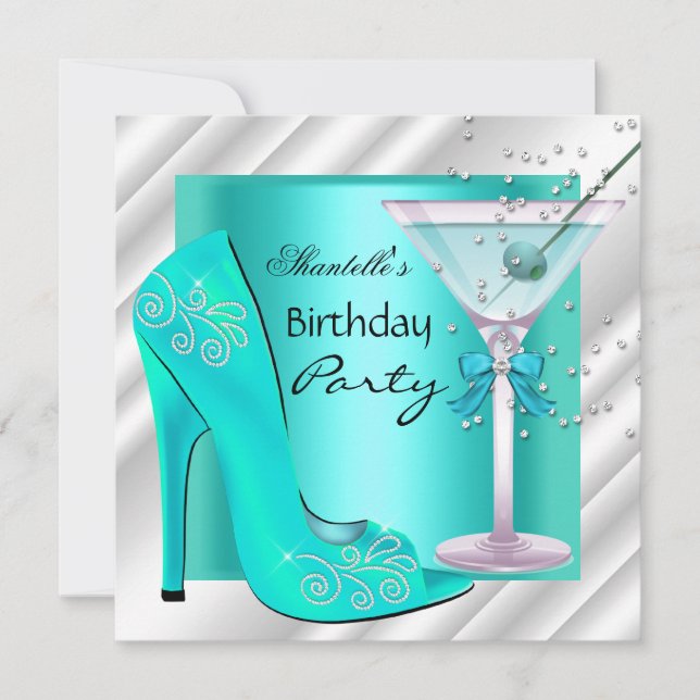 Aqua Teal Blue White Martini Birthday Party Invitation (Front)