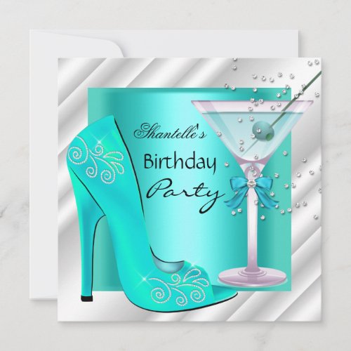 Aqua Teal Blue White Martini Birthday Party Invitation