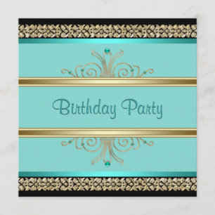 Aqua Teal Blue Womans Black Gold Birthday Party Invitation
