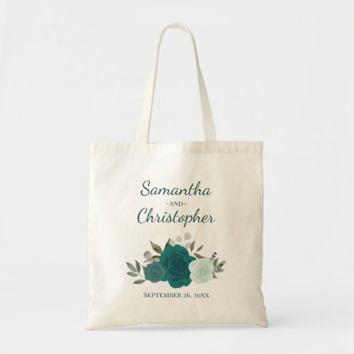 Aqua & Teal Boho Roses Couple's Names Wedding  Tote Bag
