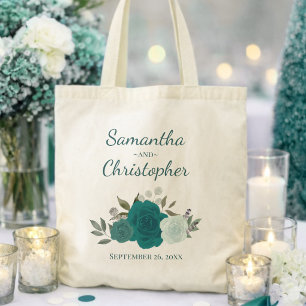 Aqua & Teal Boho Roses Couple's Names Wedding  Tote Bag