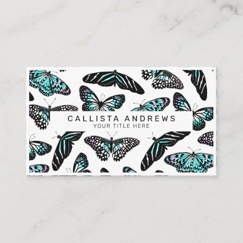 Aqua Teal Butterflies Watercolor Pattern Monogram Business Card