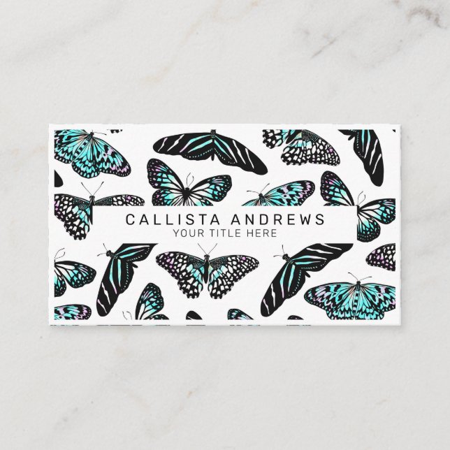 Aqua Teal Butterflies Watercolor Pattern Monogram Business Card (Front)