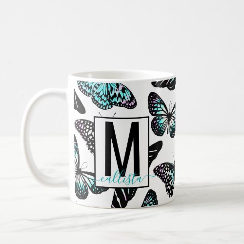 Aqua Teal Butterflies Watercolor Pattern Monogram Coffee Mug