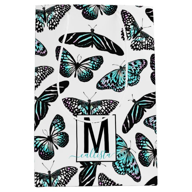 Aqua Teal Butterflies Watercolor Pattern Monogram Medium Gift Bag (Front)