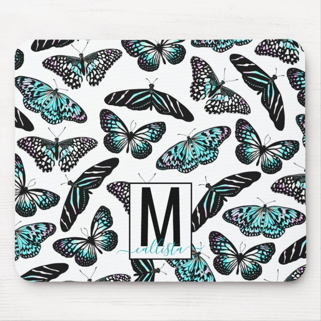 Aqua Teal Butterflies Watercolor Pattern Monogram Mouse Pad (Front)