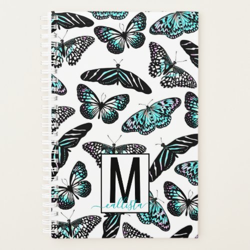 Aqua Teal Butterflies Watercolor Pattern Monogram Planner