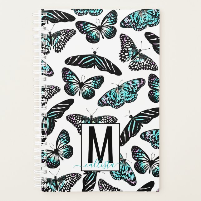 Aqua Teal Butterflies Watercolor Pattern Monogram Planner (Front)