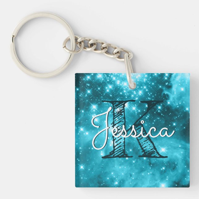 Aqua Teal Celestial Starry Monogram Keychain (Front)