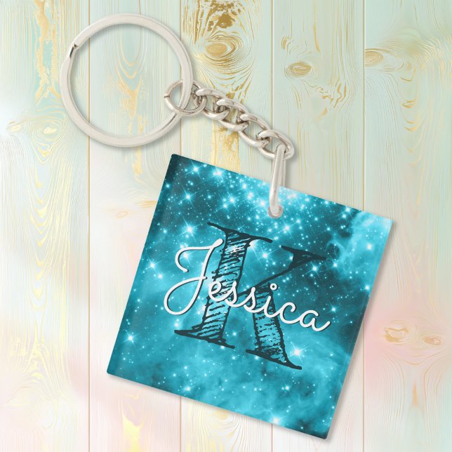 Aqua Teal Celestial Starry Monogram Keychain (Aqua Teal Celestial Starry Monogram Keychain)