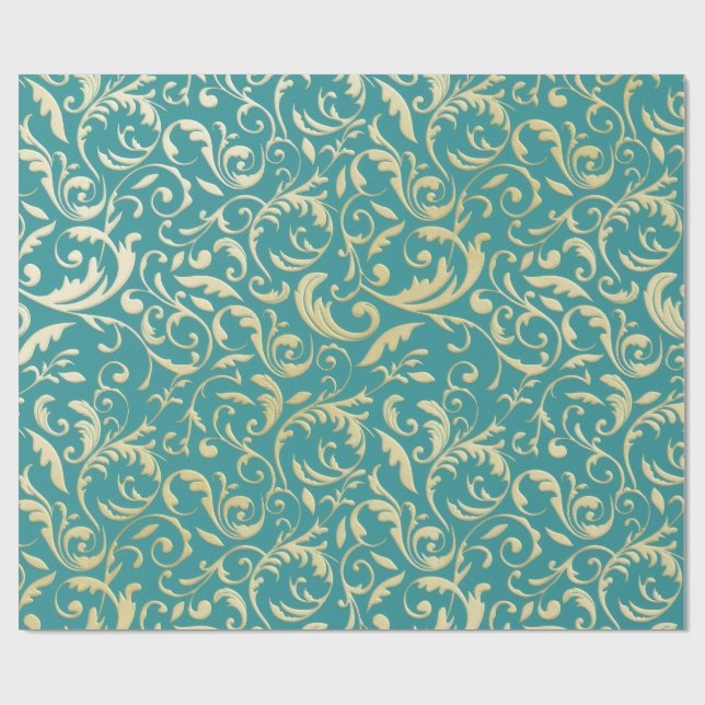Aqua & Teal Christmas Wrapping Paper with Gold Acc (Flat)