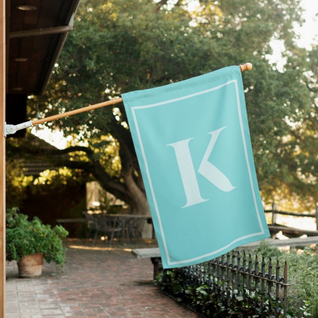 Aqua Teal Custom Monogram Minimalist House Flag (In SItu)
