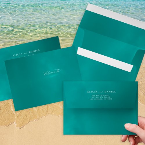 Aqua teal destination wedding return address envelope