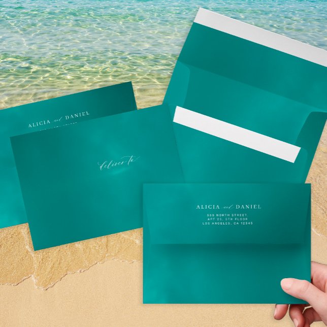 Aqua teal destination wedding return address envelope (Creator Uploaded)
