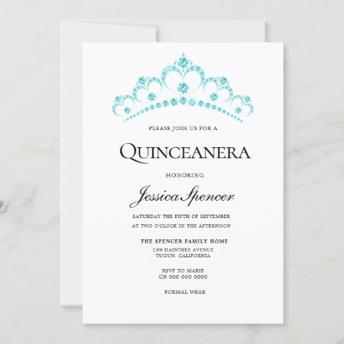 Aqua Teal Diamond Tiara Quinceanera Invite