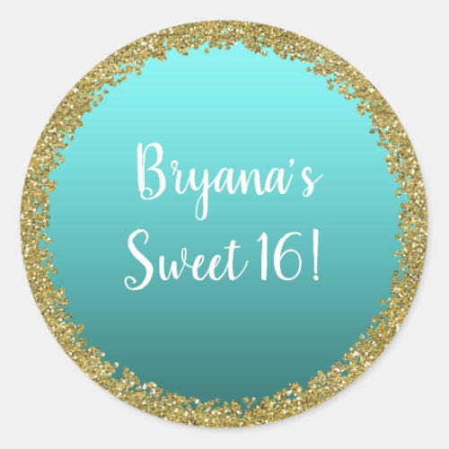 Aqua Teal Dipped Gold Glitter Glam Sparkle Party Classic Round Sticker