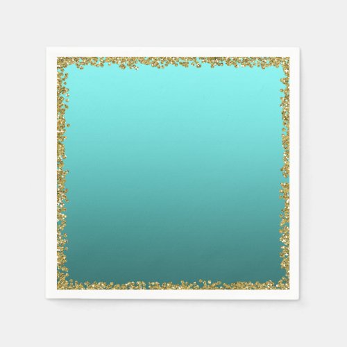 Aqua Teal Dipped Gold Glitter Glam Sparkle Party Napkins