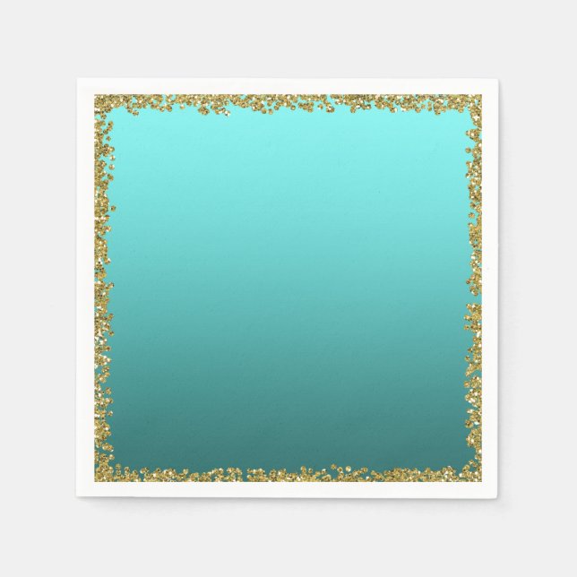 Aqua Teal Dipped Gold Glitter Glam Sparkle Party Napkins (Front)