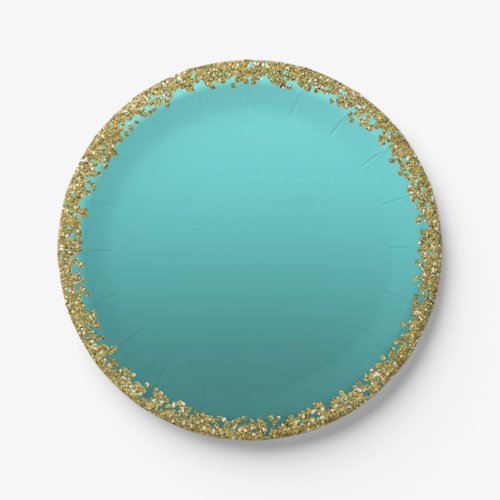 Aqua Teal Dipped Gold Glitter Glam Sparkle Party Paper Plates