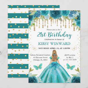 Aqua & Teal Dress Blonde Princess 21st Birthday Invitation