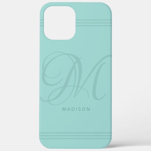 Aqua Teal Elegant Minimalist Monogram and Name iPhone 12 Pro Max Case