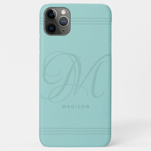 Aqua Teal Elegant Minimalist Monogram and Name iPhone 11 Pro Max Case