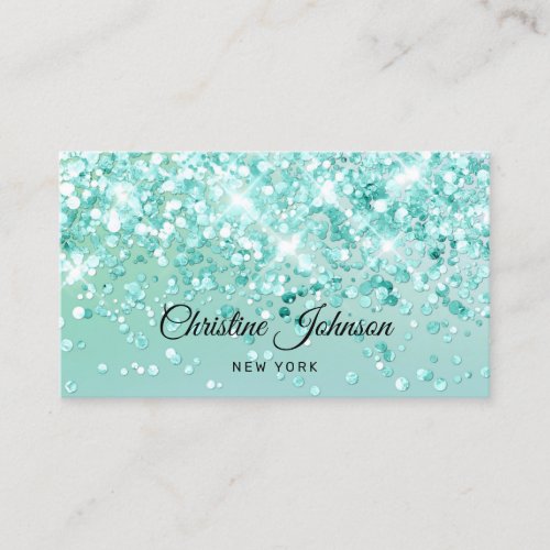 aqua teal faux chunky glitter business card
