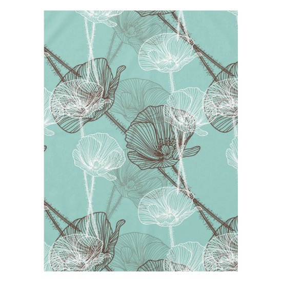 Aqua Teal Floral Outline Pattern Tablecloth