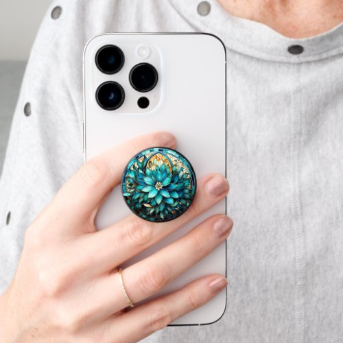 Aqua Teal Flower Stained Glass Style Painting PopSocket