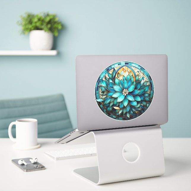 Aqua Teal Flower Stained Glass Style Painting Sticker (Laptop On Desk)